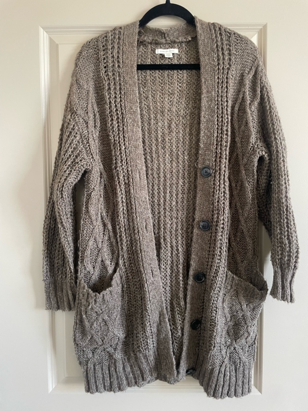 American Eagle Outfitters Olive Cable Knit Button-Front Cardigan